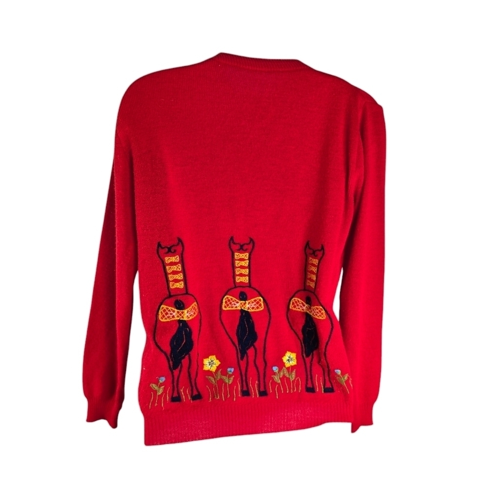 Vtg 70s red embroidered novelty equestrian cute horses v neck sweater reed hill - Picture 3 of 11